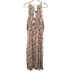 NWT DearJohn Floral VNeck Maxi Dress Split Back Spring Romance Sz L Gold Shimmer